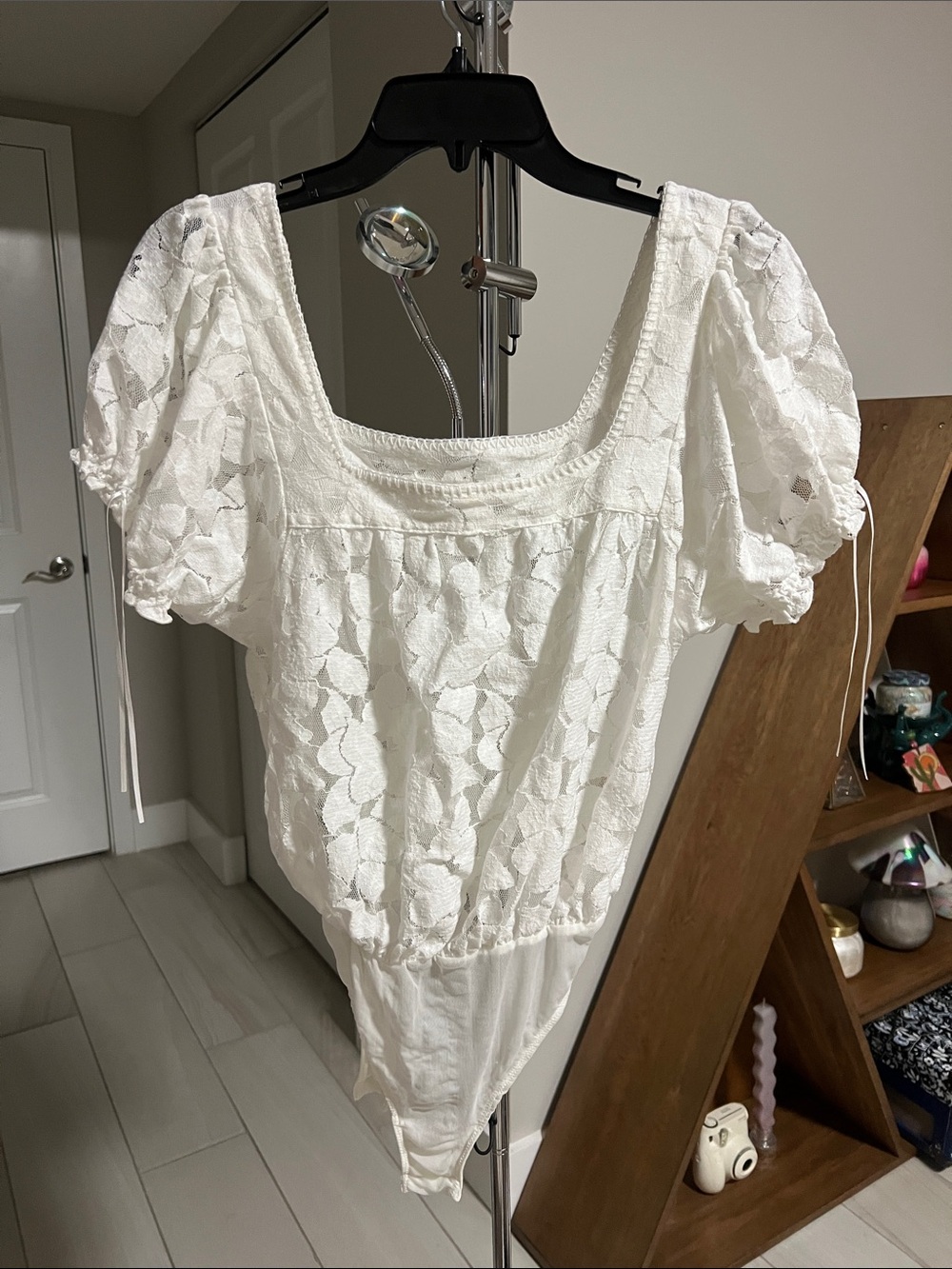 White Lace Puff-Sleeve Bodysuit with Square Neck